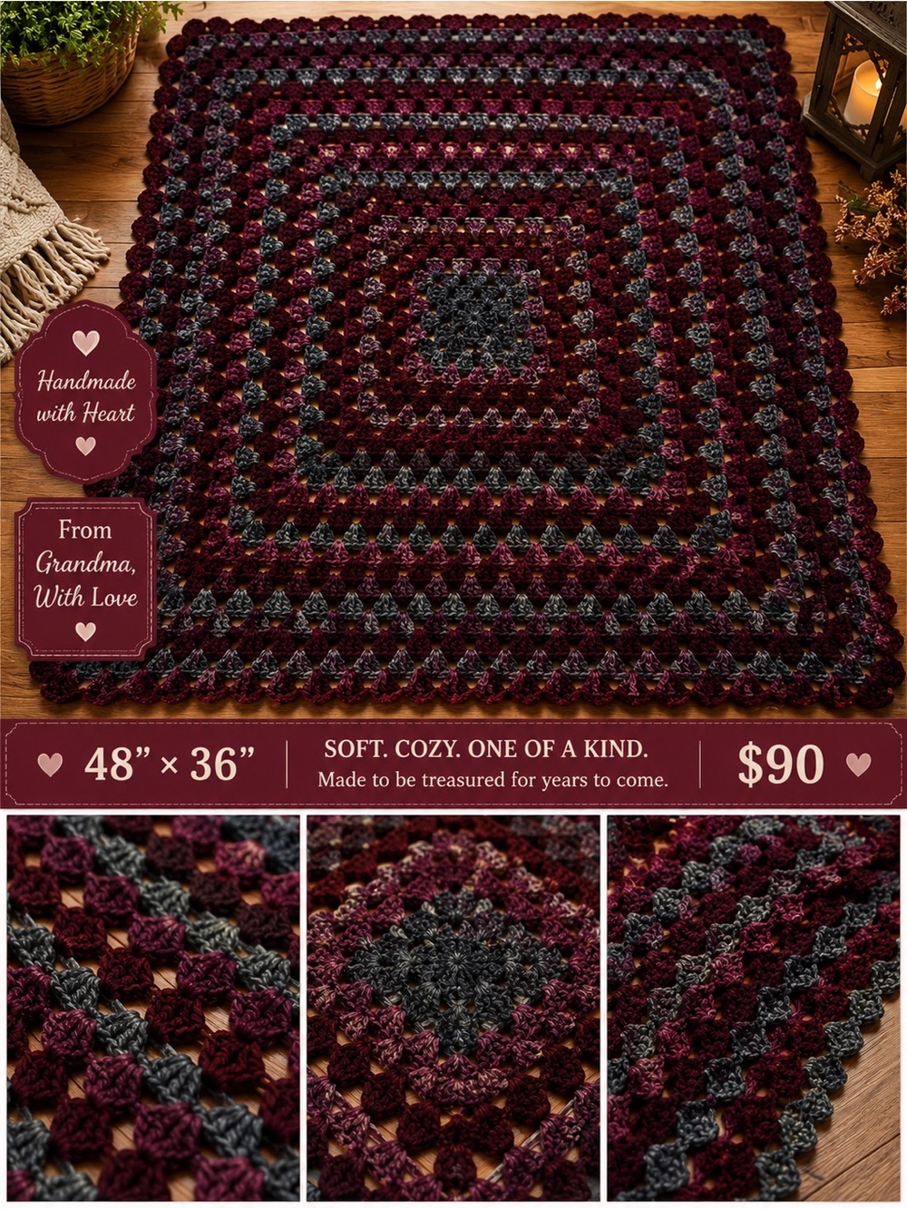 Hand Crafted Burgundy and Charcoal Crochet Throw Blanket
